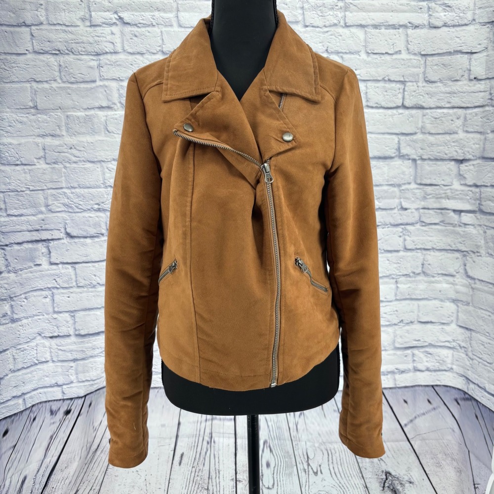 Mudd Faux Suede Moto Jacket Womens Large‎ camel Brown Asymmetrical Zip Biker Y2k